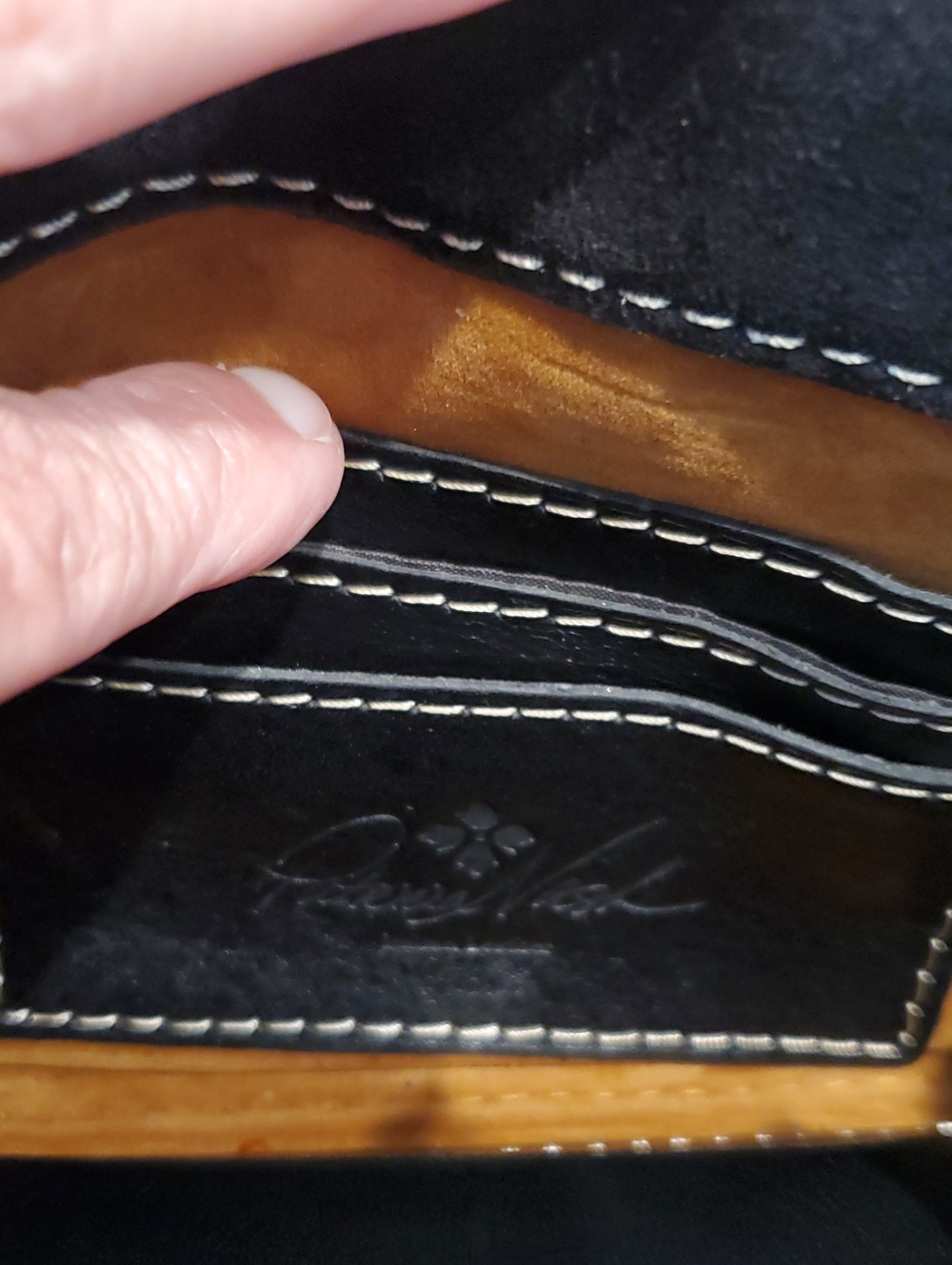 Black Floral Print Leather Handbag with Tan Suede Interior - Picture 6 of 6